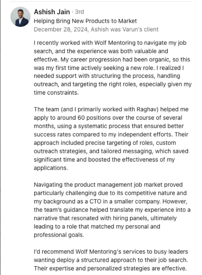 LinkedIn recommendation for Wolf Mentoring from Ashish Jain, Helping Bring New Products to Market