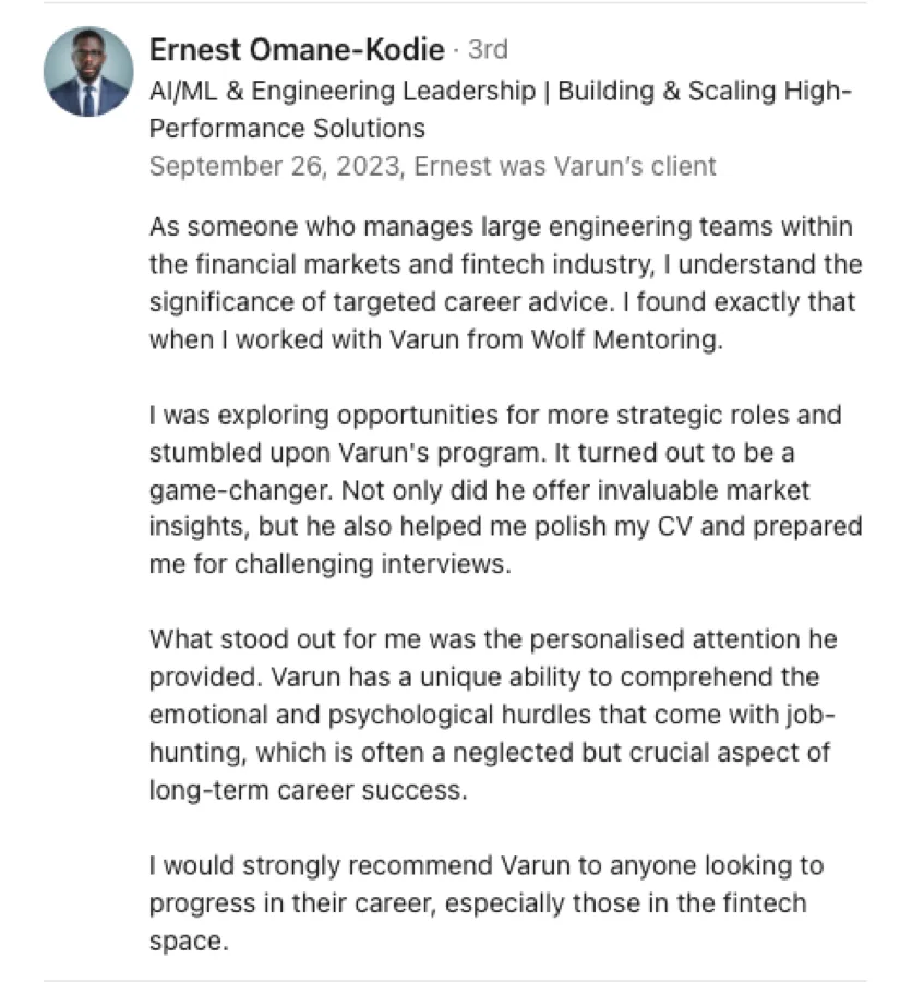 LinkedIn recommendation for Wolf Mentoring from Ernest Omane-Kodie, AI/ML & Engineering Leadership