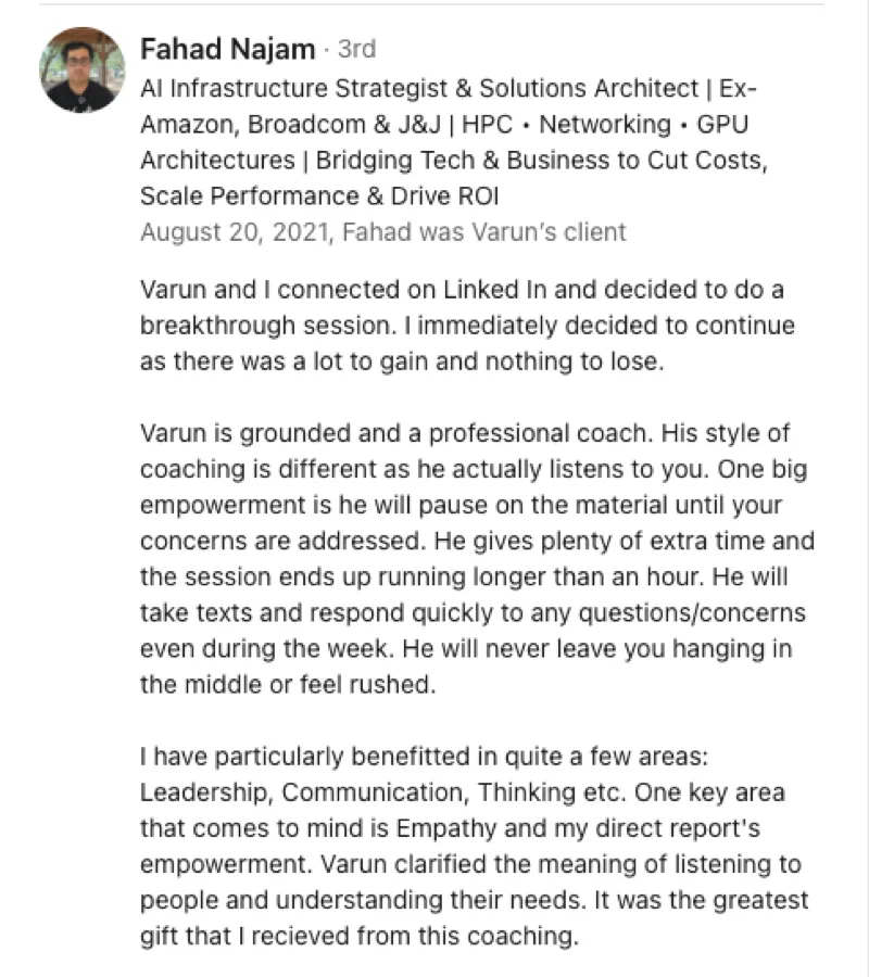 LinkedIn recommendation for Wolf Mentoring from Fahad Najam, AI Infrastructure Strategist & Solutions Architect