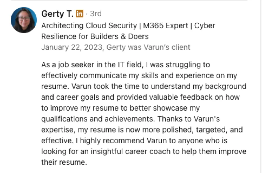 LinkedIn recommendation for Wolf Mentoring from Gerty T., Architecting Cloud Security