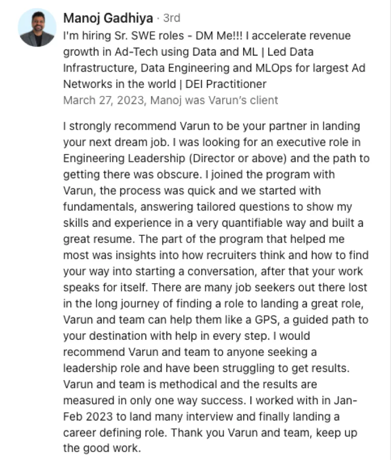 LinkedIn recommendation for Wolf Mentoring from Manoj Gadhiya, I accelerate revenue growth in Ad-Tech using Data and ML