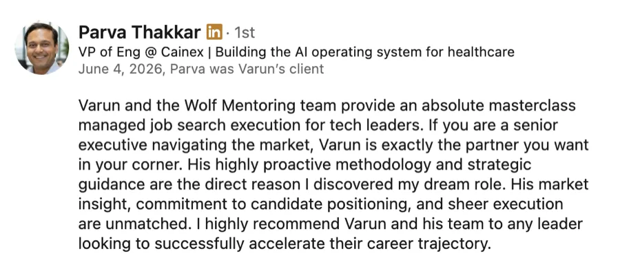 LinkedIn recommendation for Wolf Mentoring from Parva Thakkar, VP of Eng @ Cainex