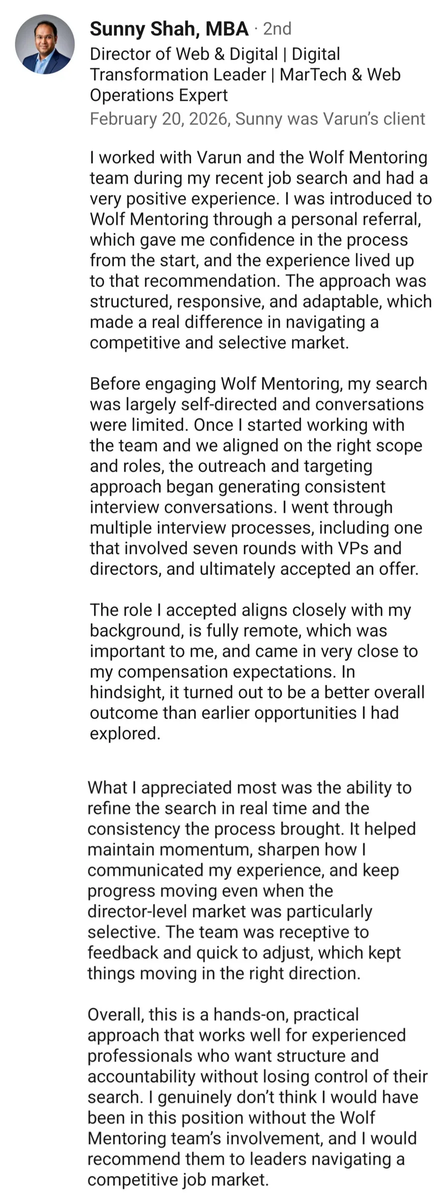 LinkedIn recommendation for Wolf Mentoring from Sunny Shah, MBA, Director of Web & Digital